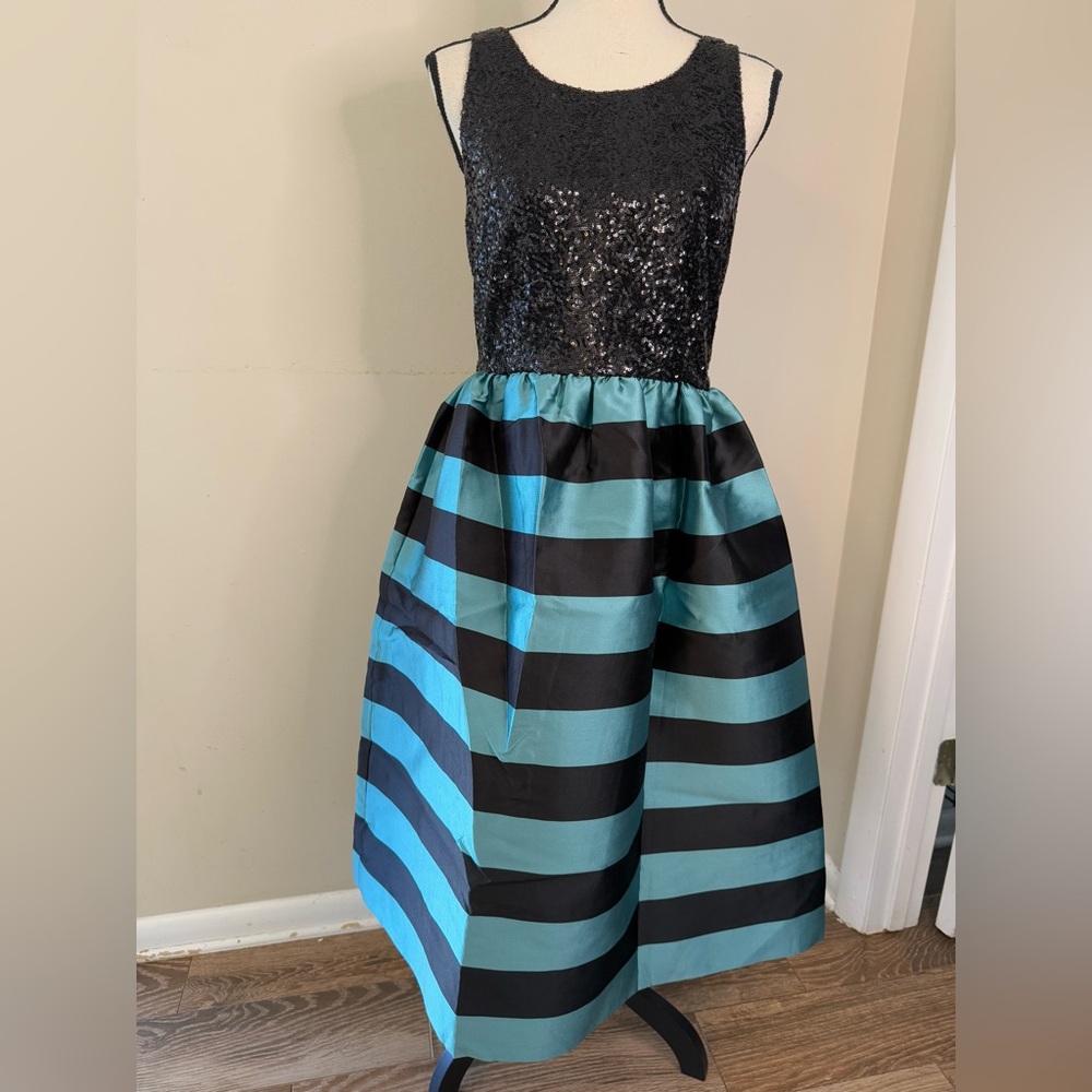 Leifsdottir Black and Teal Striped Midi Dress